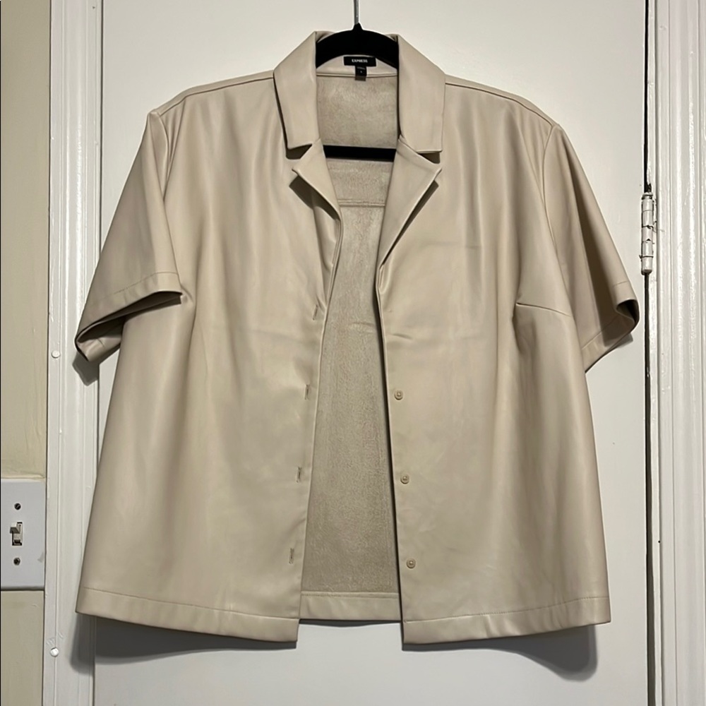 Women’s faux leather boxy button up short sleeve Shirt